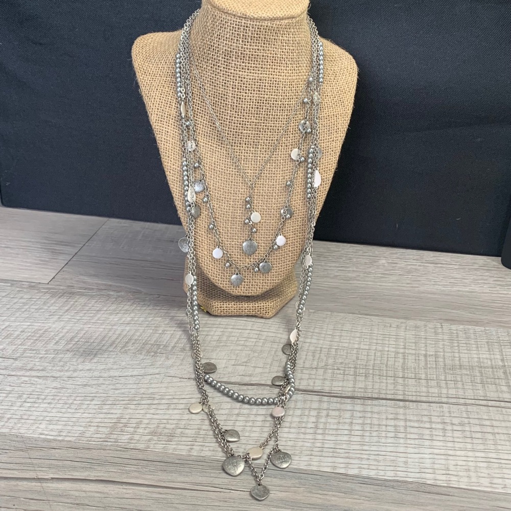 Chicos Silver Tone Multi Strand Layered Necklace Faux Pearl Hammered Disc Charms